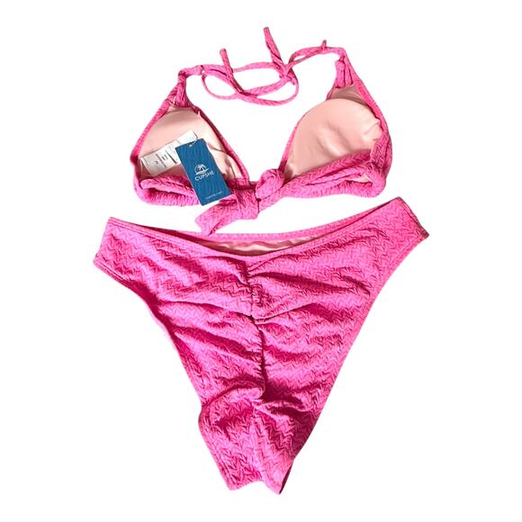 NEW Cupshe SWIMSUIT Womens MED Bikini Set 2PC Halter V Neck Ruched Cheeky Bottom - Picture 7 of 14